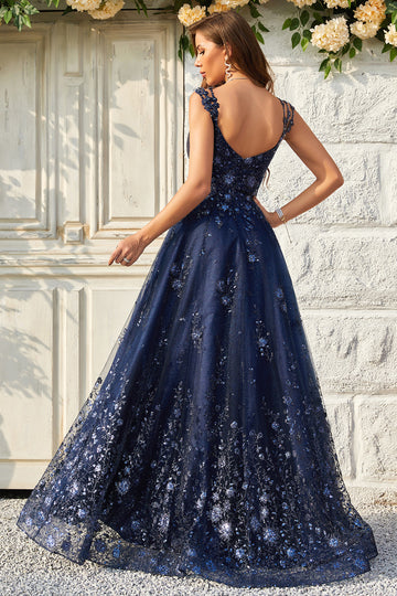A Line Off the Shoulder Navy Long Ball Dress with Appliques